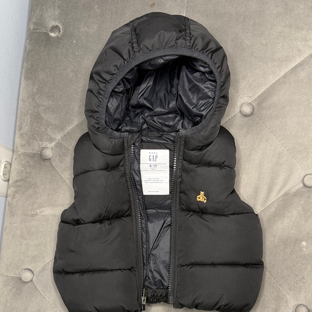 GAP Black Hooded Puffer Vest with Gold Detail